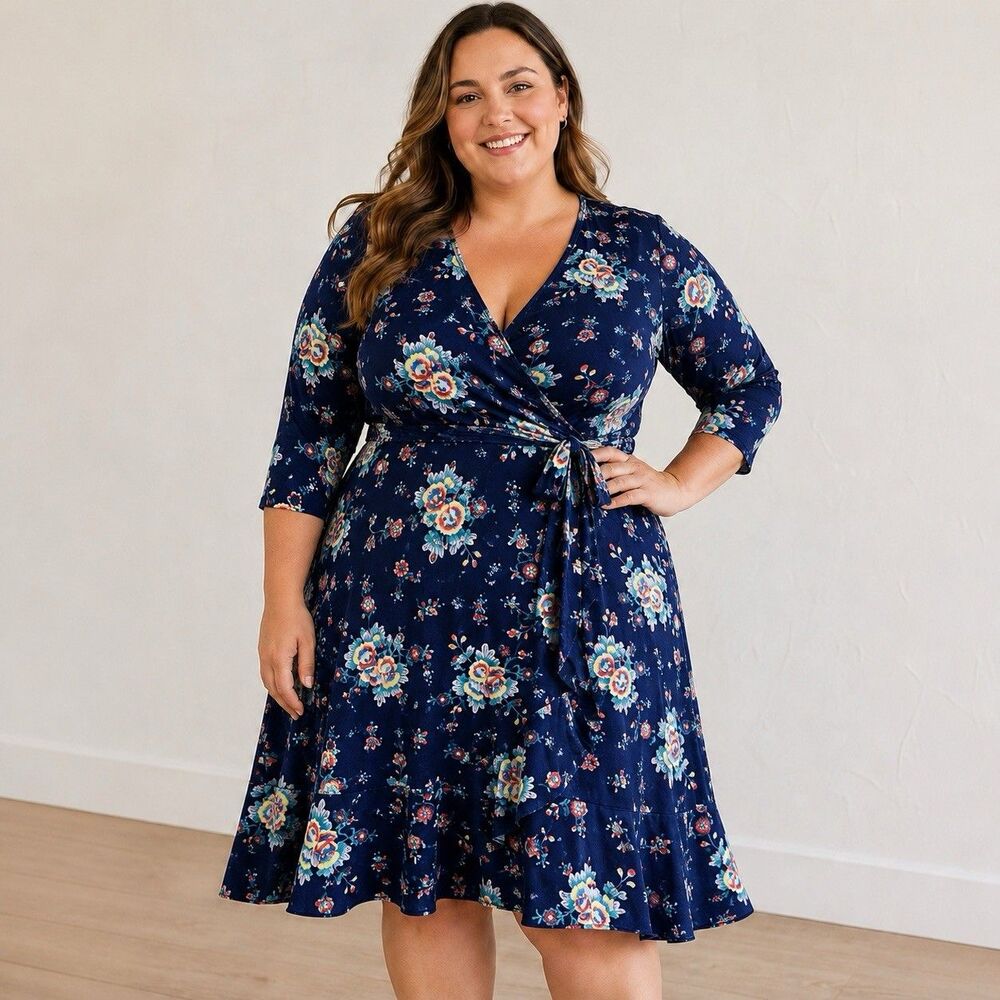 Kiyonna Womens Plus Size 1 Navy Floral Wrap Dress 3/4 Sleeve Made USA Ruffle Hem